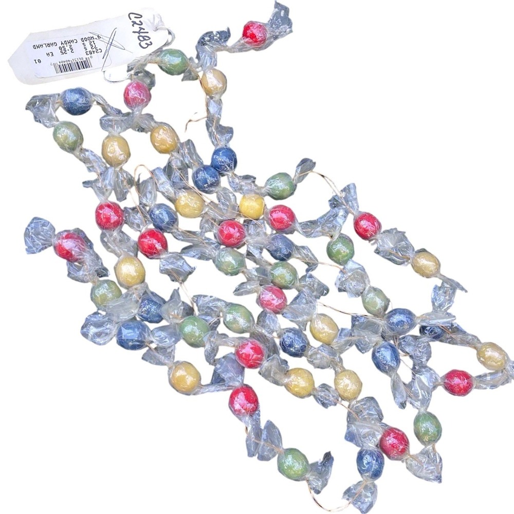 Vintage Plastic Wrapped Hard Candy Wood Garland 9 Foot- Red Yellow Blue Green